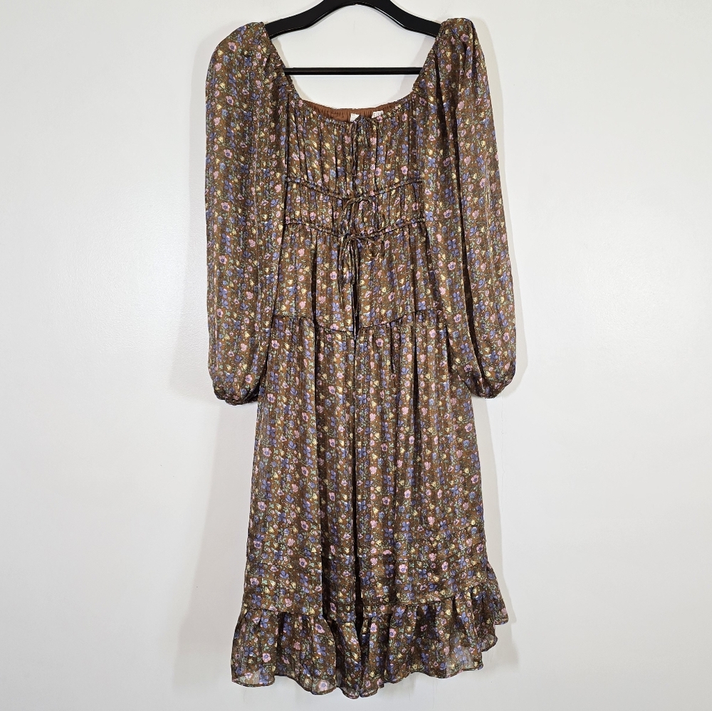 NWT Astr The Label Ruched Bust Brown Pink Ditsy Floral Midi Dress XS - Picture 4 of 11